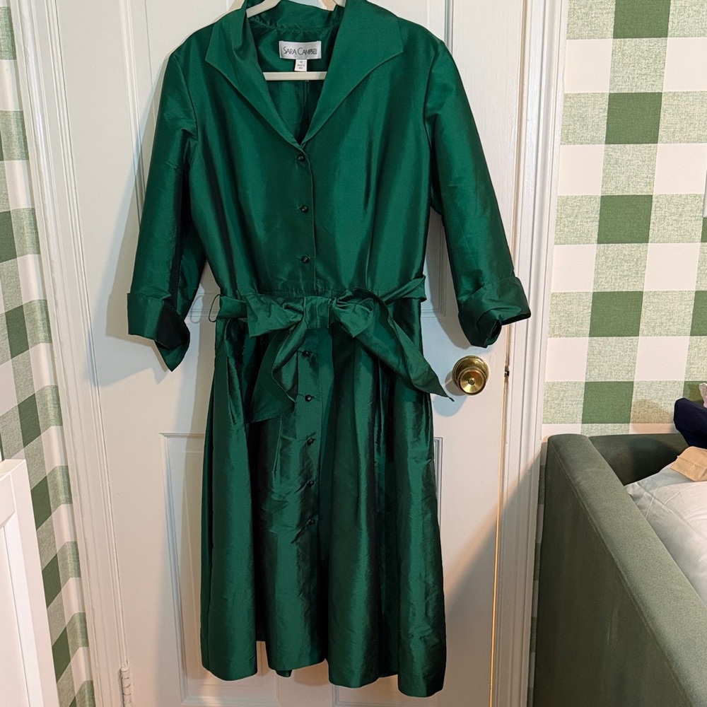 NWT Sara Campbell Green Taffeta Shirtdress with Waist Tie Size 12